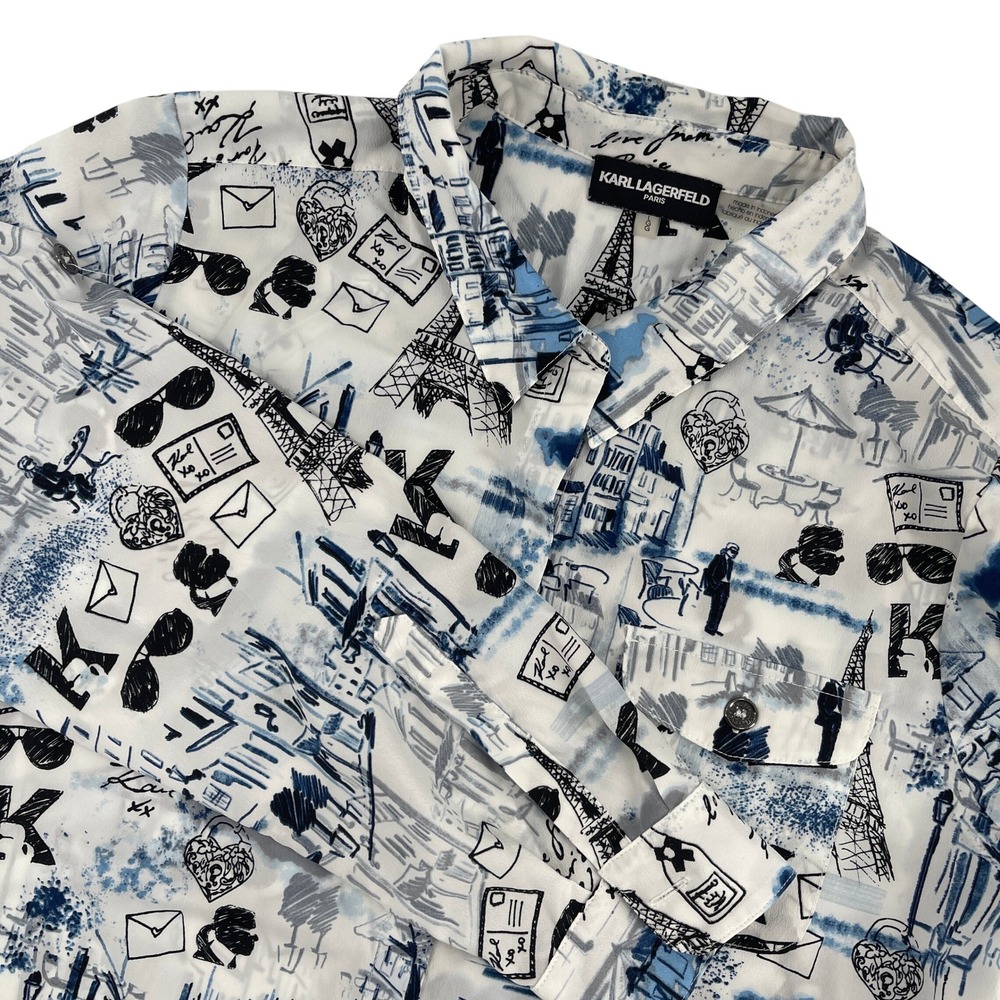 Karl Lagerfeld Paris Blue White‎ French Print Button Down Shirt Blouse LGG